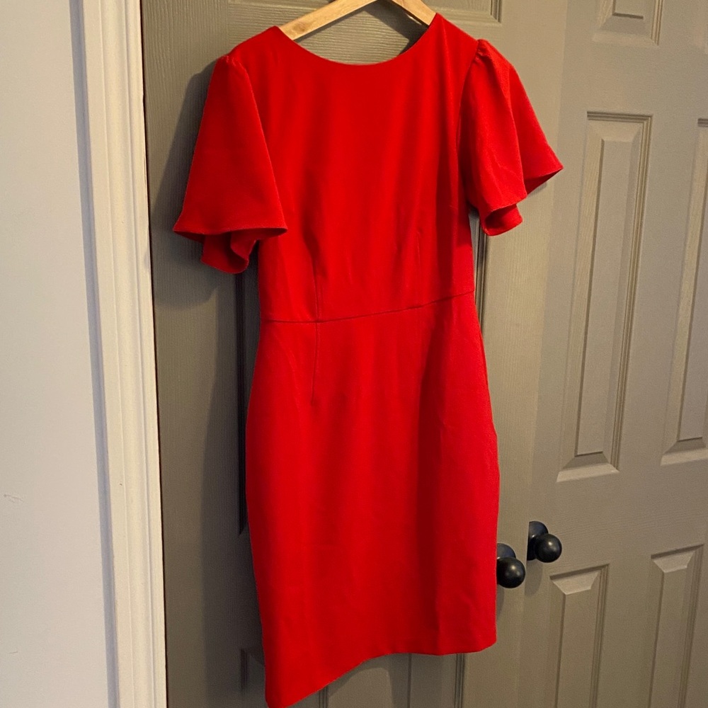 Red sheath dress with fluttered sleeves, size 10